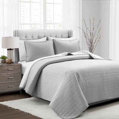 Lush Décor 3pc Farmhouse Box Stitch And Stripe Oversized Reversible Cotton Quilt Set Gray - Image 7