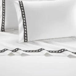 Aria 1500 Thread Count Cotton Sheet Set White With Black Stripe Embroidery By Chic Home